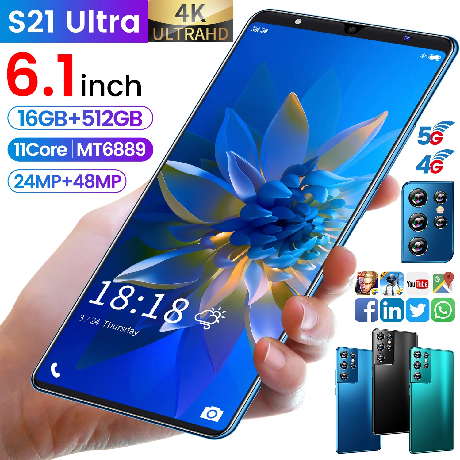 

Global version S21 Ultra mobile phones 16GB+512GB 4G/5G Network smartphones 6.1 HD inch cellphones 11core Cell phone 2021 New