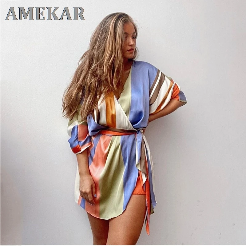 

V Neck Stripe Casual Satin Romper Women Batwing Sleeve Wide Leg Fashion Playsuits Overalls Bowknot Loose Rompers 2021