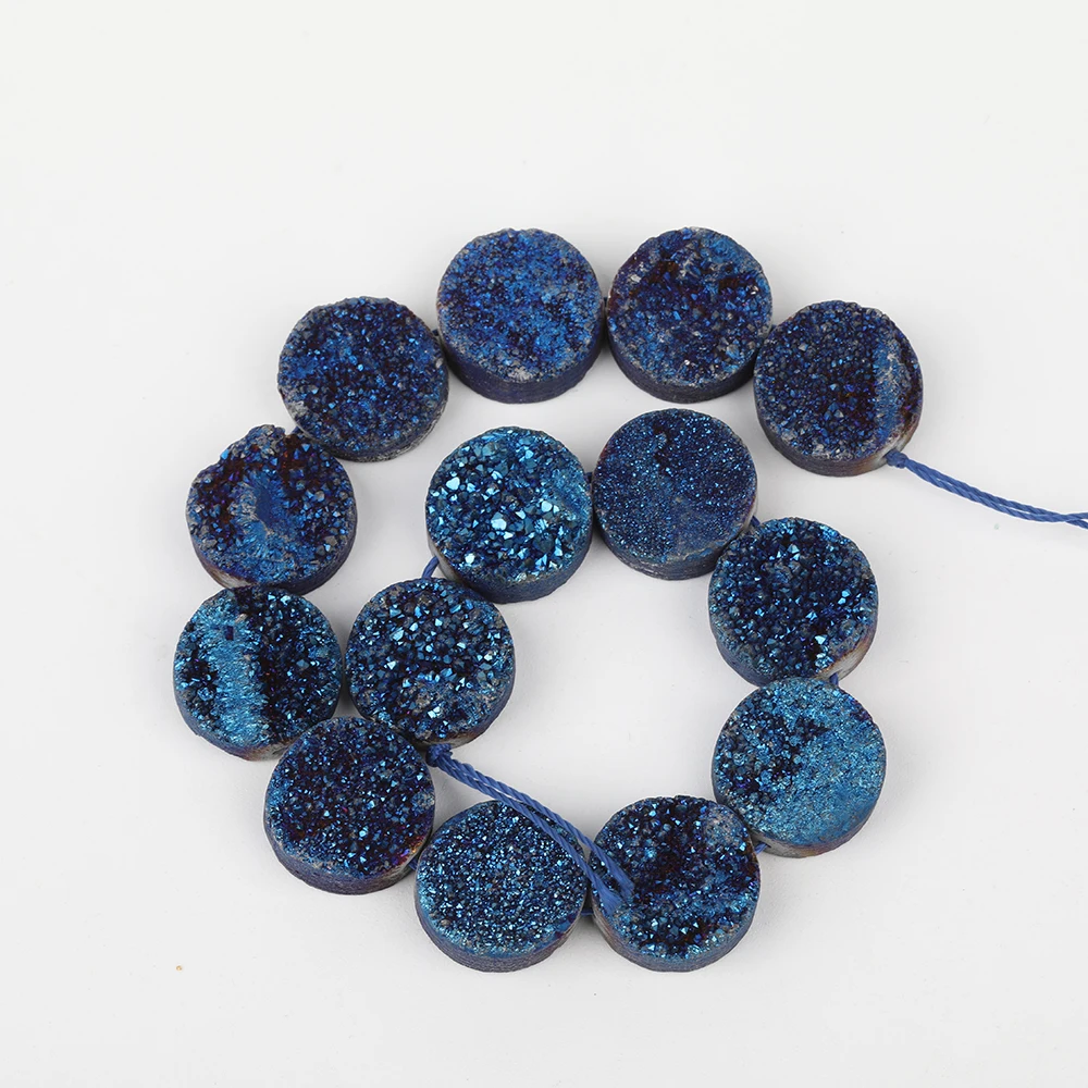 

14mm Middle Drilled Blue Titanium Druzy Geode Agates Stone Round Loose Beads Pendants Necklace Strands XFX-165AMEE