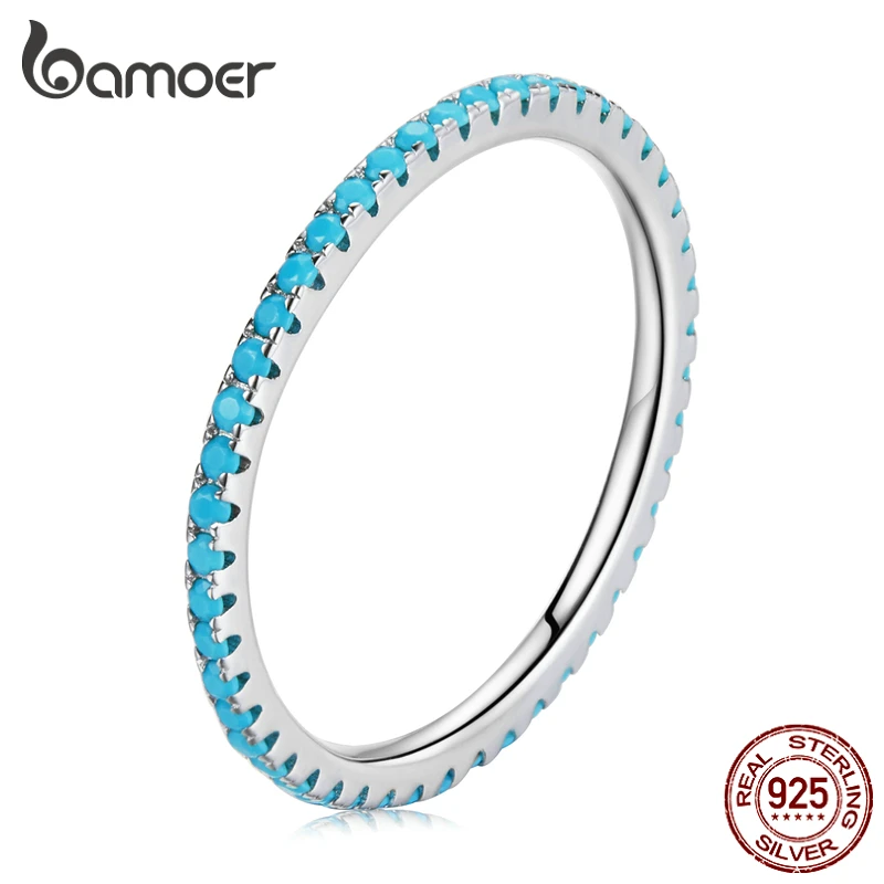 bamoer Genuine 925 Sterling Silver Simple Elves Plated Platinum Finger Ring for Women Blue CZ Stone Anillos Jewelry Party Gift