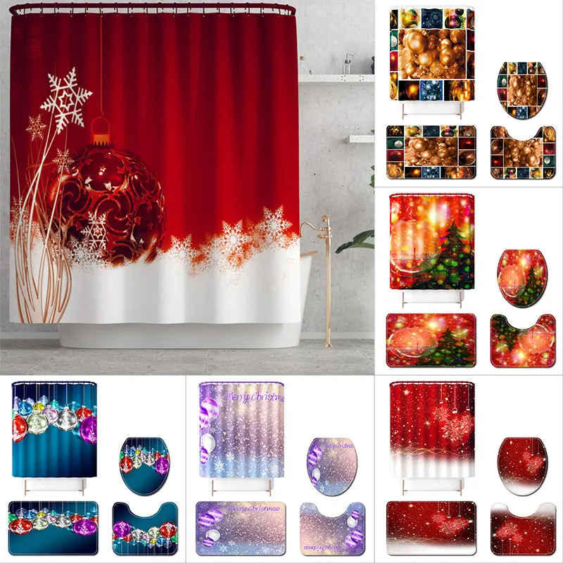 

Waterproof Shower Curtain Christmas Snowman Balloon Bell Festive Print Toilet Lid Bathroom Non-Slip Absorbent Bath Mat Rugs Set