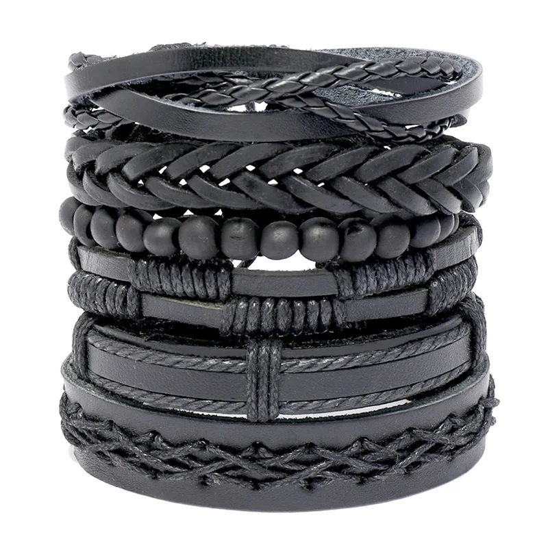 

6Pcs/Set Vintage hand-woven cowhide bracelet diy six-piece combination adjustable leather bracelet