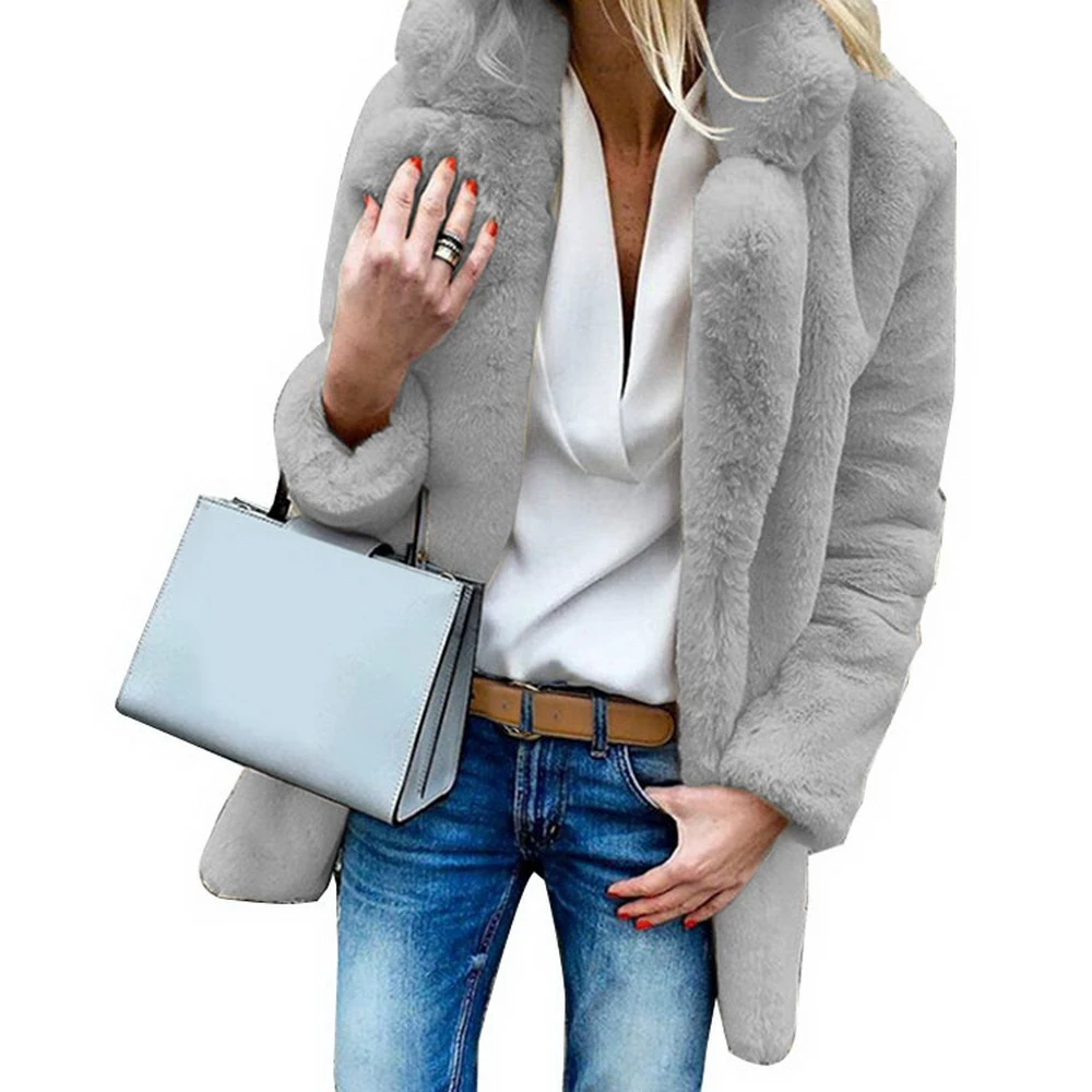 light gray MoneRiff, женские пальто из искусственного меха, зимние, одноцветные, модные, с открытой точкой, верхняя одежда, женская, роскошная, с длинным рукавом, теплая, толстая, пушистая куртка, пальто - Цвет: light gray