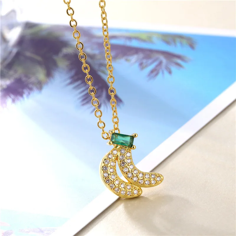 

Luxury Gold Color Zircon Crystal Banana Pendant Stainless Steel Necklaces For Women Design Sense Party Female Neck Chain Jewelry