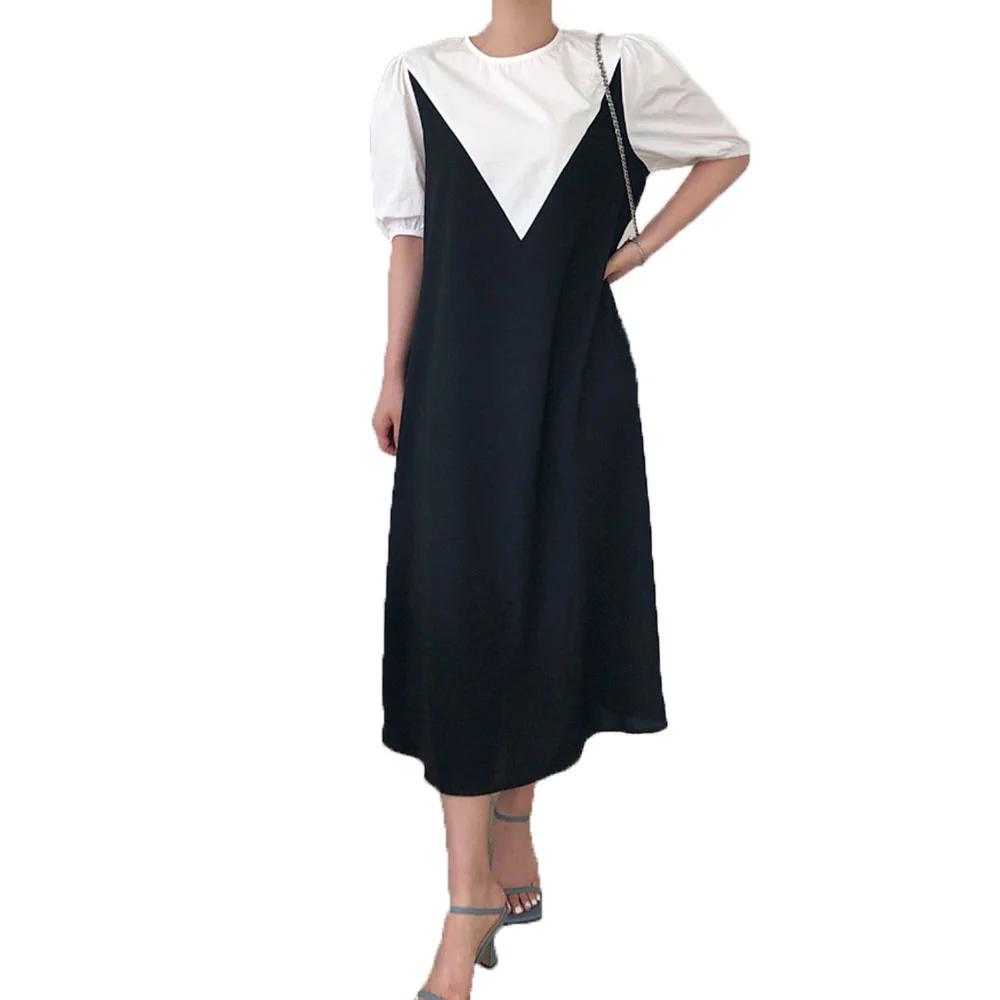 

2021 Summer New Korean Fashion Color Contrast Splicing Simplicity Round Neck Puff Sleeve Temperament Casual Women's Dress