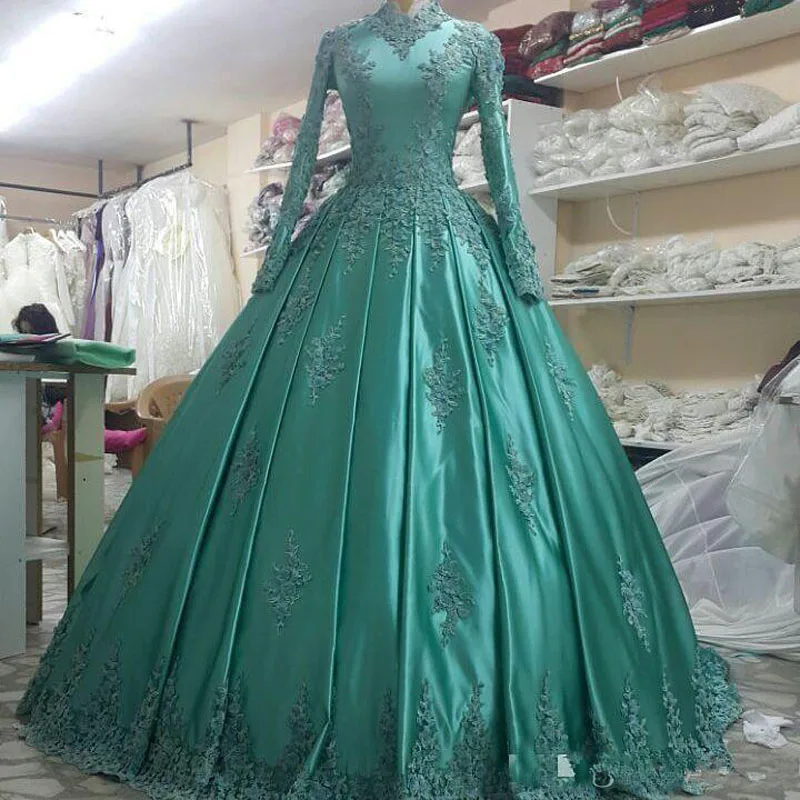 

Мусульманское арабское, с длинными рукавами платья для выпускного вечера 2021 с высокой горловиной с аппликацией из кружева Атласный Пол Дли...