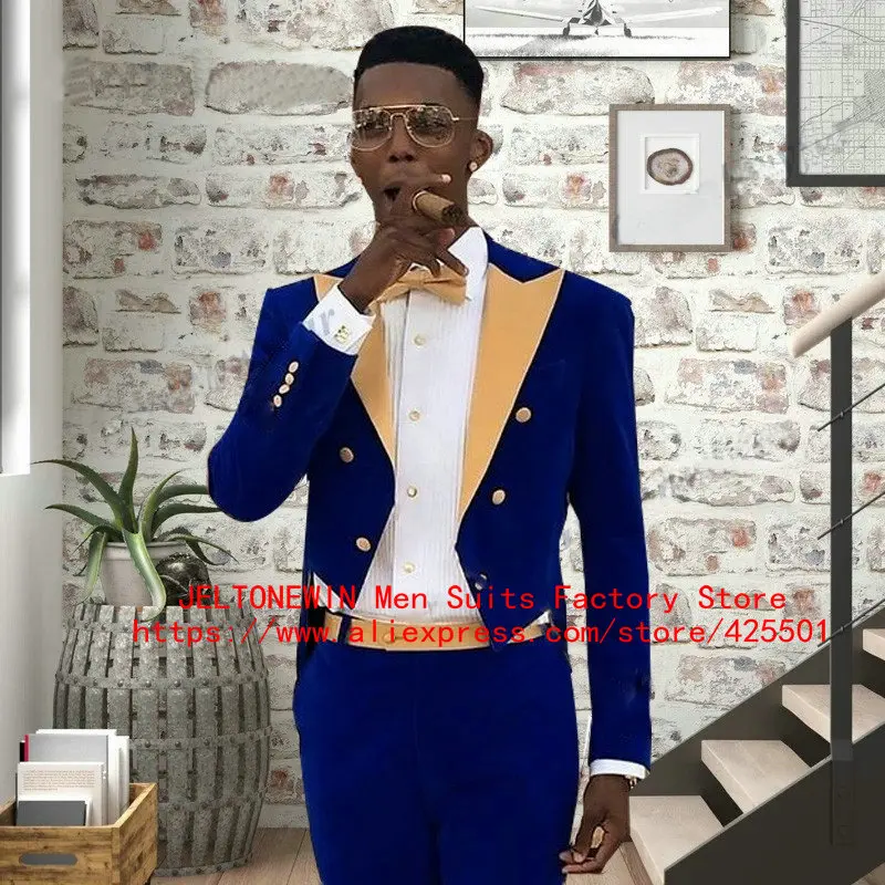 Fashion Men's Wedding Suits 2 Pieces Slim Fit Tailcoat Gold Peaked Lapel Party Costume Tuxedos For Wedding Best Man Blazer+Pants