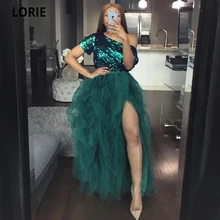 Lorie vestido de baile verde escuro, um ombro, manga curta, lantejoulas, organza, vestidos longos, formal, festa, vestido de dança, dividido (1)