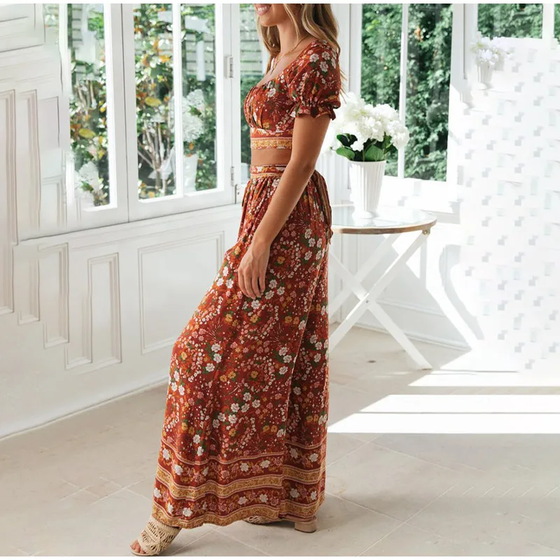 

hirigin Summer Flower Print Women Two Pieces Sets Square Collar Top And High Waist Wide Leg Pants Streetwear Casual Lady Set