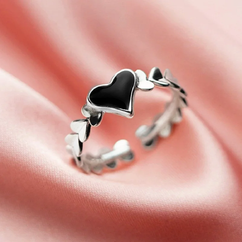 Todorova INS Fashion 925 Sterling Silver Rings For Women Girls Vintage Black Love Heart Rings Party Jewelry Gifts