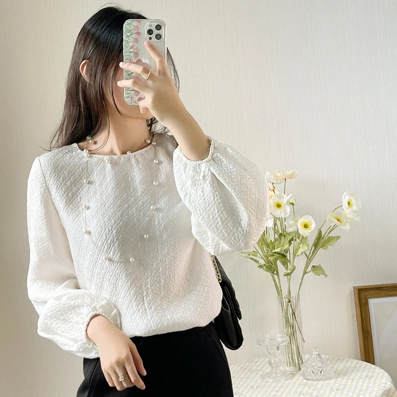 

New Temperament socialite small wind crown le crepe heavy silk white mulberry silk shirt jacket women long sleeve shirts