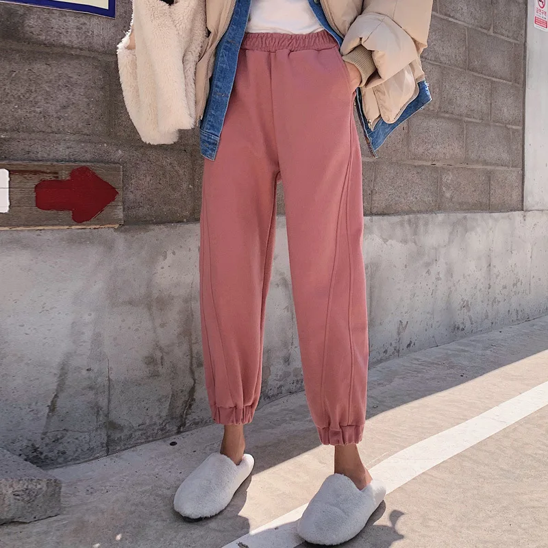 Vintage Winter High Waist Woolen Harem Pants Women Autumn Casual Thicken Warm Elastic Waist Loose Trousers Plus Size Clothes