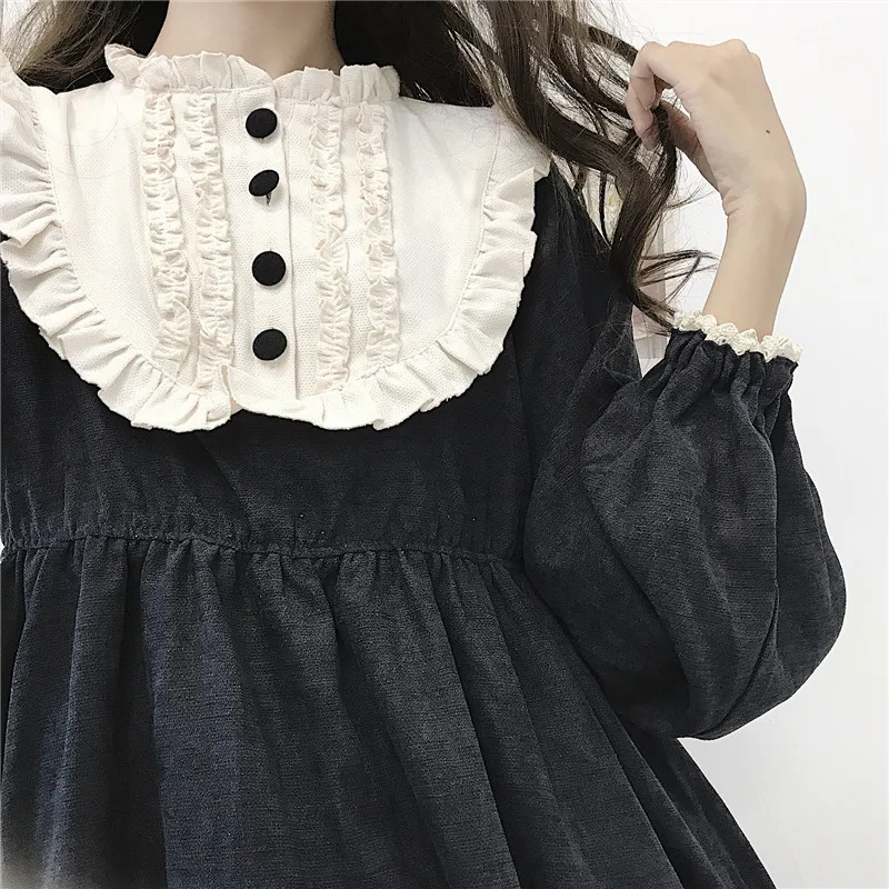 

Gothic Dress Cute Kawaii Ruffles Cosplay Dress With Lining Japanese Lolita Style Autumn Winter Women Dress Ruffled Collar Loose