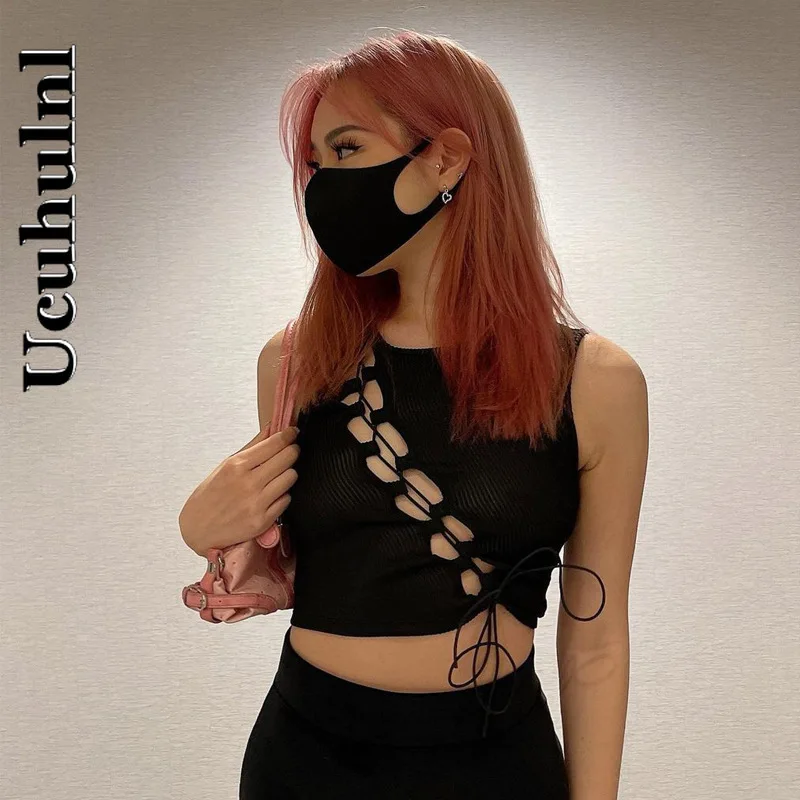 

Ucuhulnl Открытое платье в стиле бандаж с черной петлей-кроп-топы Mall гот Y2K шнуровка в рубчик с О-образным вырезом и без рукавов, топы, уличная оде...