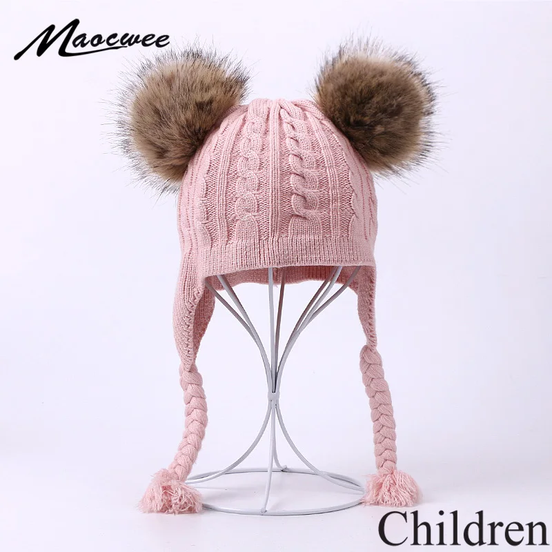 

Шапка-бини с помпоном из искусственного меха, детская зимняя шапка-ушанка, вязаная теплая Шапка-бини, милая мягкая шапка для девочек и мальч...