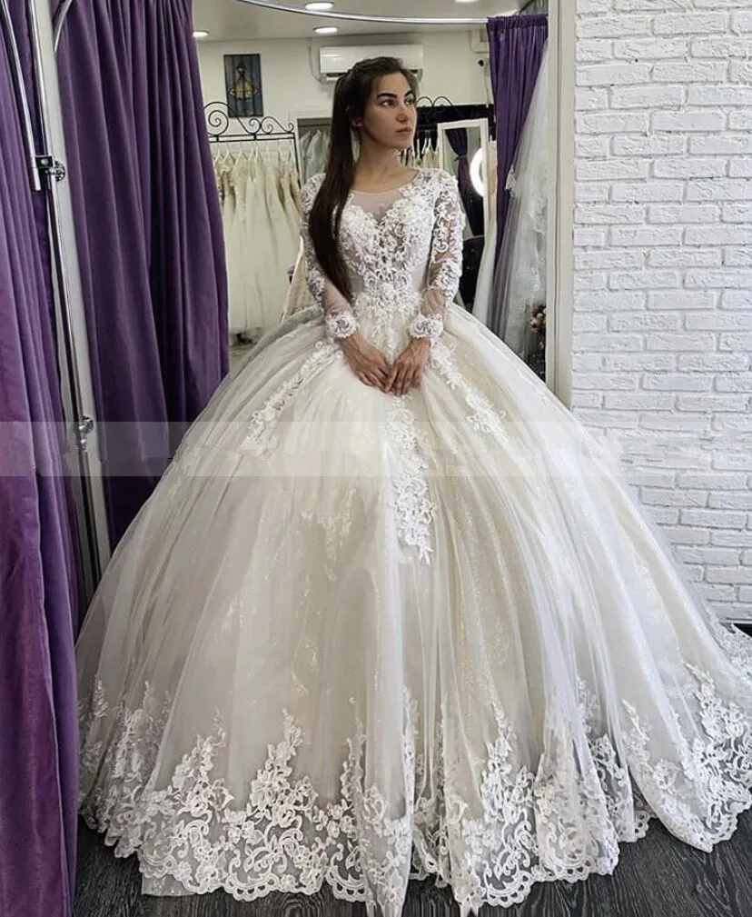 

Роскошное бальное платье, свадебные платья, прозрачное свадебное платье принцессы с длинными рукавами и аппликацией Дубая, индивидуальное ...