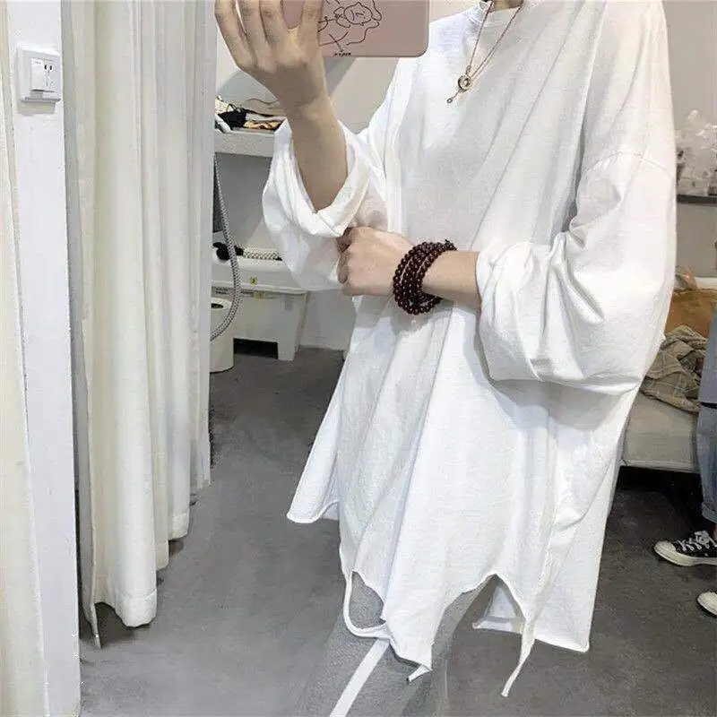 

100% Cotton Oversized Ripped Hole Long Sleeve Woman T Shirts Hip Hop Fashion White Clothing 2021 New Summer Fall Punk Streetwear