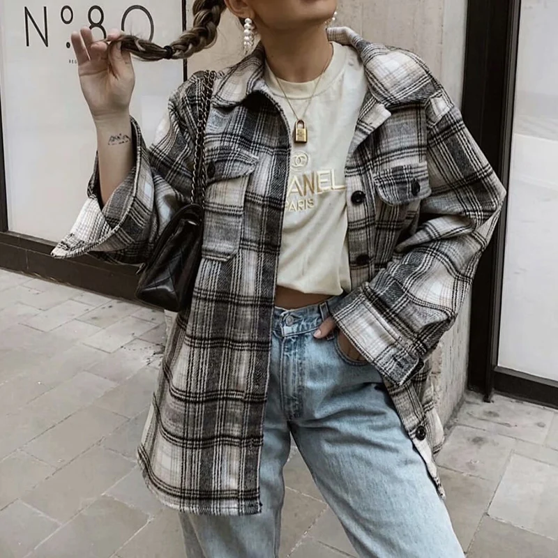 

Trendy New Autumn Women England Style Plaid Jacket Spring Female Singe Breasted Loose Coat Streetwear Striped Tops Outwear