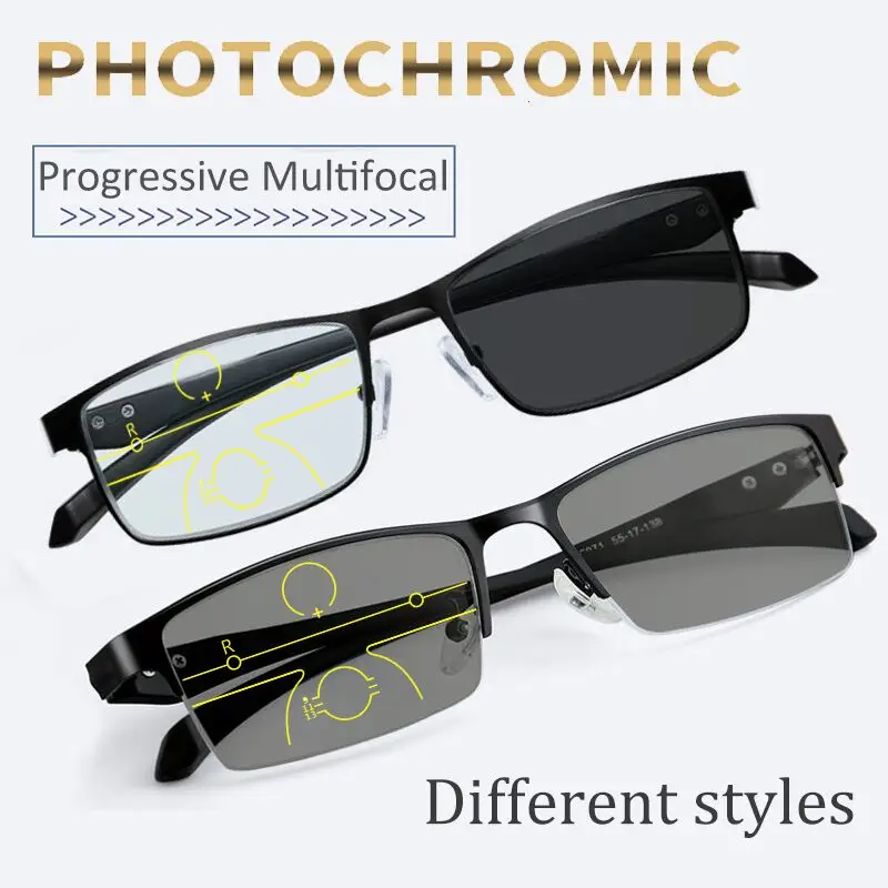 smart photochromic Multifocal Reading Glasses Men Women Progressive Bifocal Anti Blue Ray Metal Half Frame Presbyopic Eyewears 1