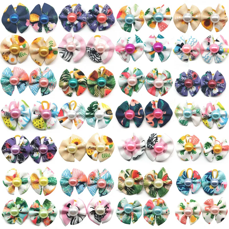 10/20/30pcs New Doggy Hair Bows Rubber Bands Colorful Pearl  Puppy Dog Hair Bows Small Dog Grooming Accessories Pet Supplies