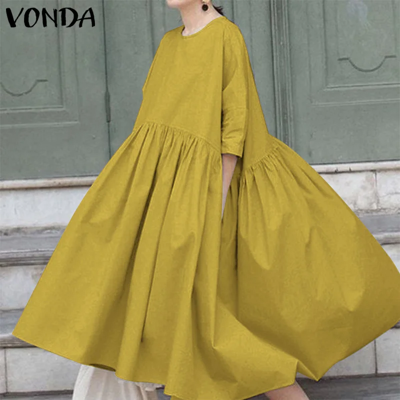 

2021 VONDA Women Autumn Dress Bohemian Vintage Solid Bohemian Long Dress 3/4 Sleeve Holiday Party Pleated Vestidos Sundress Robe