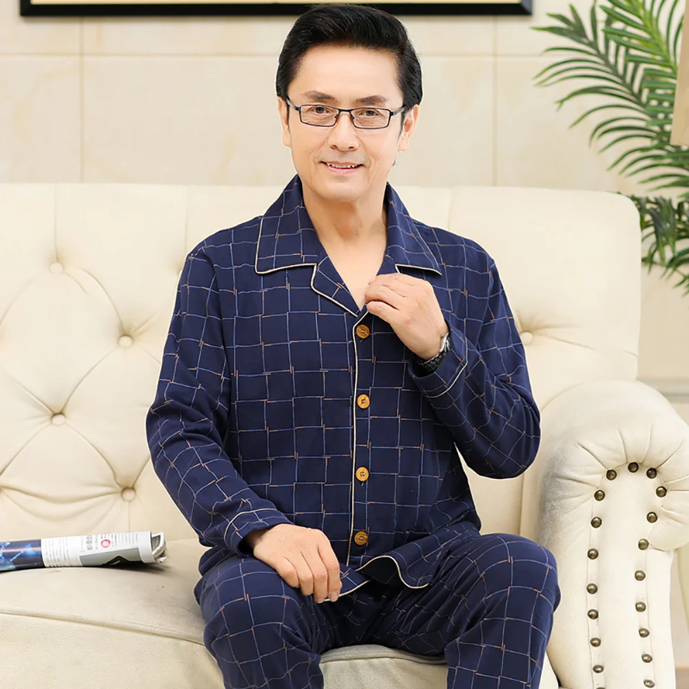 

Fashion Men V Neck Pajama Casual Solid Home Wear Comfort Cotton Pajama Sets Plus Size Pijama Spring Autumn Middle-aged Pyjama