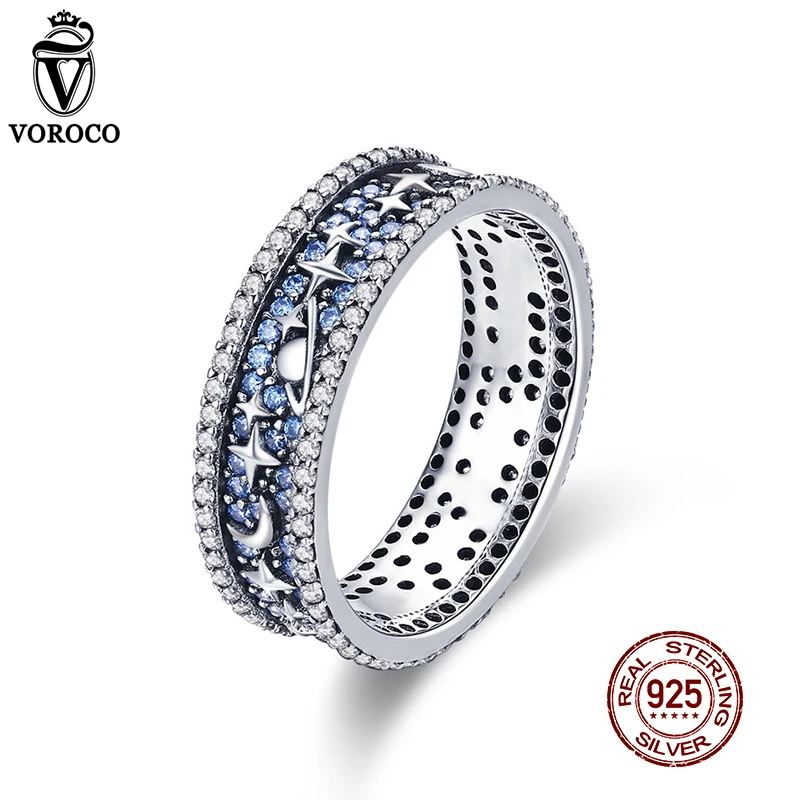 Voroco настоящий 925 пробы, серебро, 3А, кубический циркон, хорошее ювелирное изделие, свадебное кольцо, Луна и звезда, галактика, серебряные кольца для женщин, Bijoux BKR347