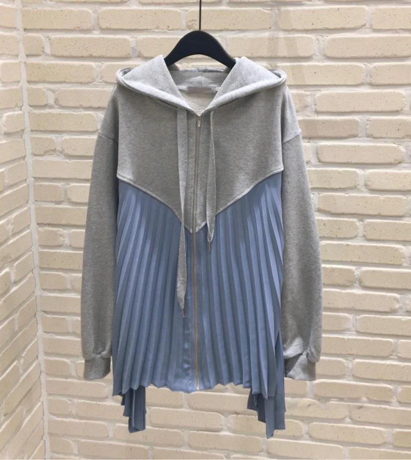 

Korean design ladies pleated cute hooded sweatshirts zipper front female hoodie t065