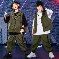 kid hip hop clothing army green hoodie sleeveless jacket top streetwear tactical cargo pants for girl boy dance costume clothes