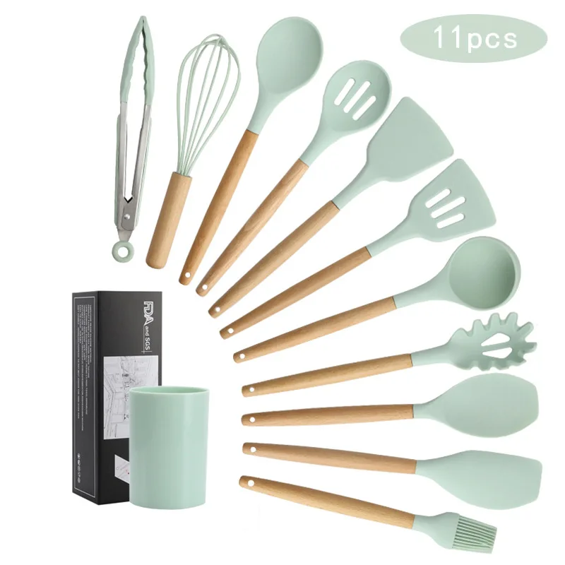

11 Pieces Silicone Cooking Utensils Set Kitchen Cooking Tools Set Natural Wooden Handle Nonstick Cookware