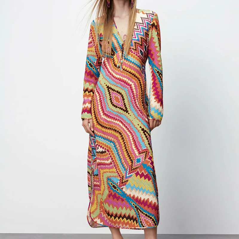 

Za 2021 Summer Women Print Tassel Vintage Dress Long Sleeve Ladies High Street Maxi Dress BB1664