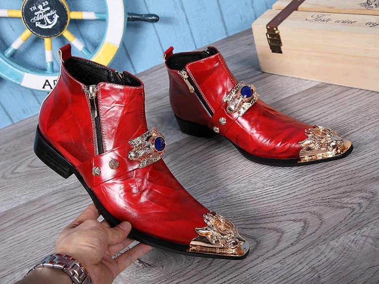 Winter Fashion Men Boots Red Metal Decoration Party Dress Nightclub Prom Leather Shoes Big Size Motorcycle Ankle | Обувь