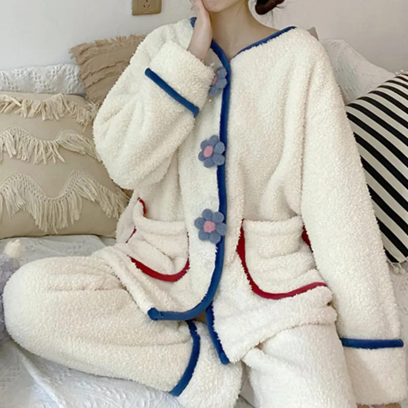 

Coral Velvet Pajamas Women's Winter Thickened Plush 2021 Net Red Sweet Flannel Warm Home Clothes Rac