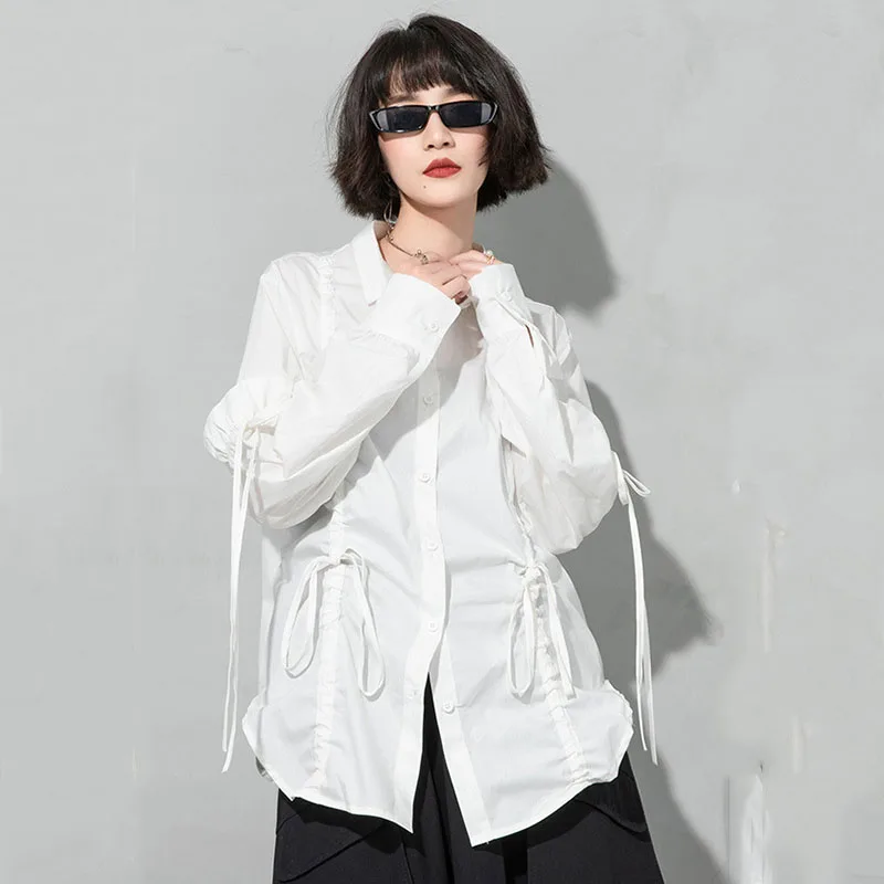

SeeBeautiful Band Stitching Irregular Loose Shirt Lapel Long Sleeve Single Breasted New Fashion Autumn 2021 Woman E270