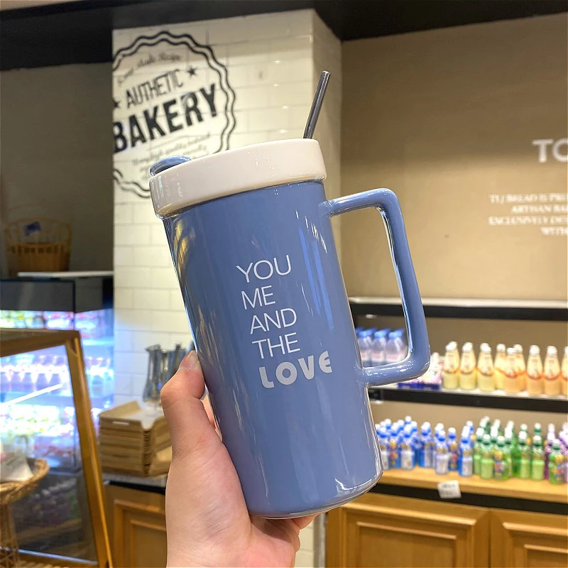 

JOUDOO Large-Capacity Ceramic Mug Simple Nordic Water Cup Milk Coffee Tea Cup with Spoon and Straw