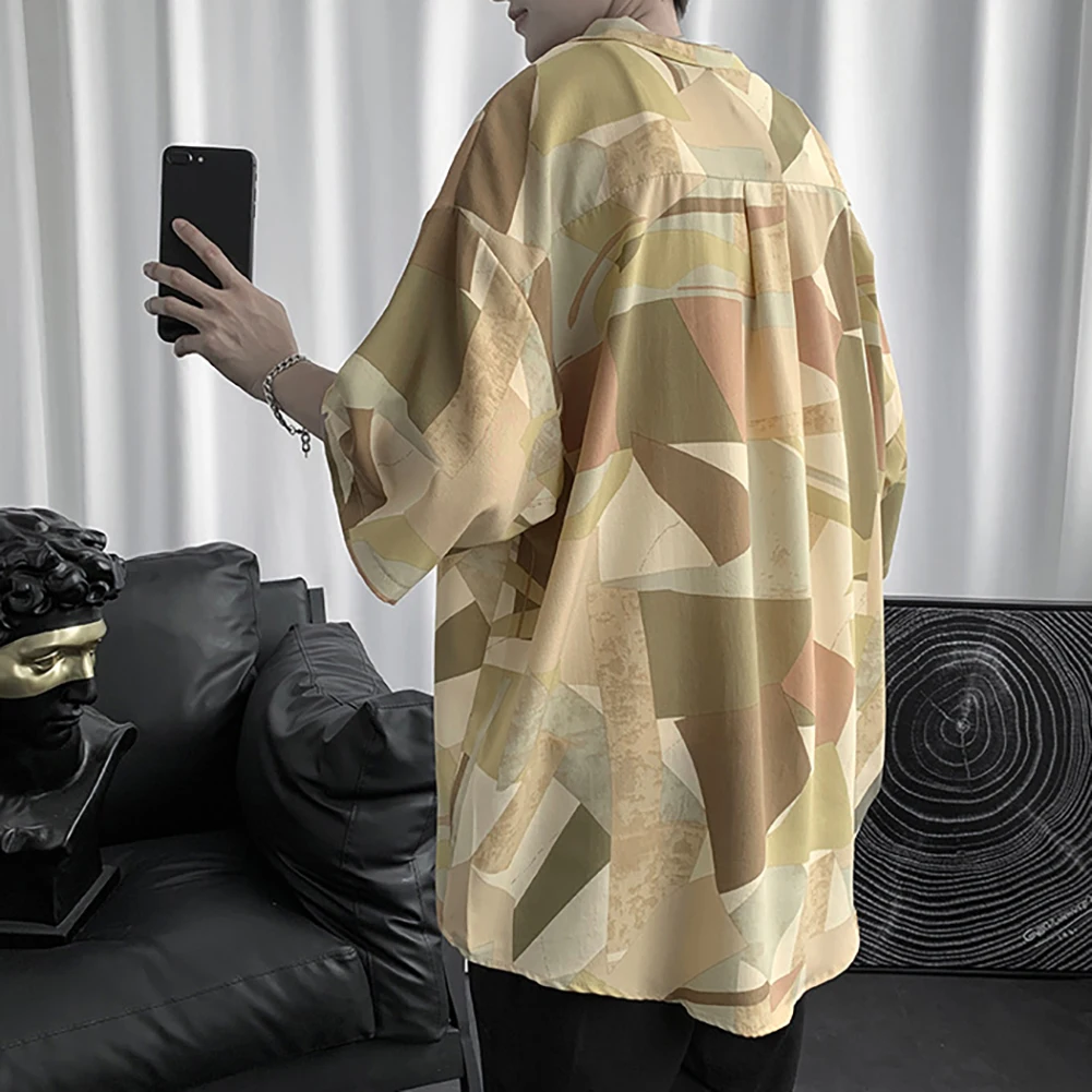 

Fashion Color Block Short Sleeves Turn-down Collar Men Loose Casual Top Shirt Fashion Men Short Summer Casual Flower Beach Men
