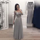 Weiyin AE0630 Robe De Mariee элегантное ТРАПЕЦИЕВИДНОЕ вечернее платье с длинными рукавами для женщин сексуальное кружевное серое платье для выпускного вечера на заказ
