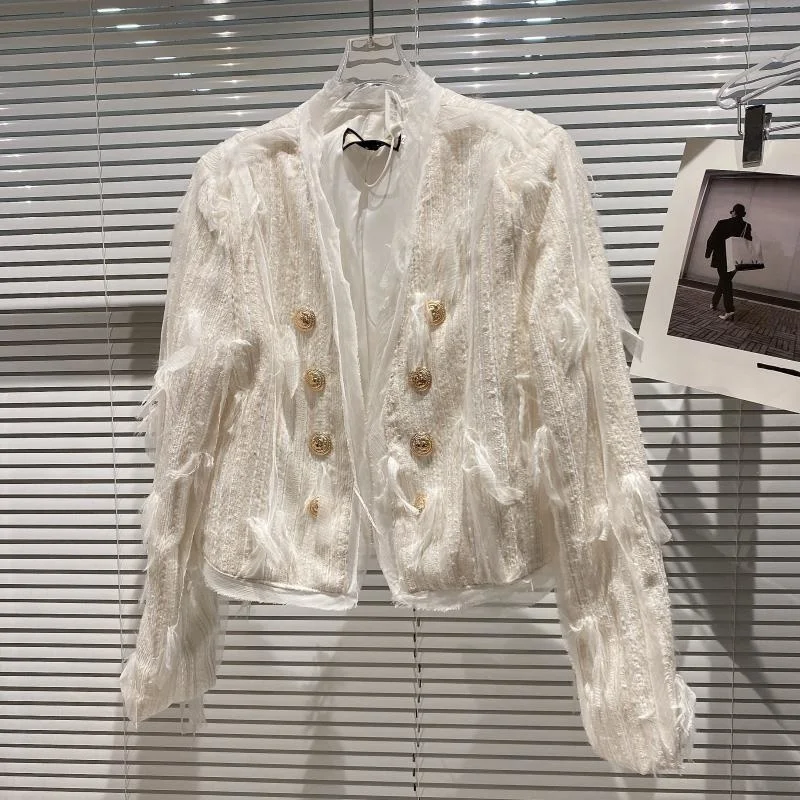 

Double Breasted Tweed Splicing Net Gauze Strip Jacket Gold Button White Short Jacket Autumn 2021 Small Fragrance Coat