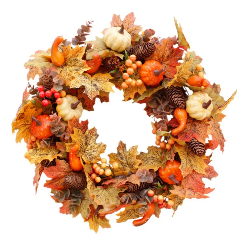 

Искусственный венок, гирлянда рама из ротанга с тыквой, ягодами, сосновой конусной и кленовыми листьями, декор для Хэллоуина, Дня благодарен...