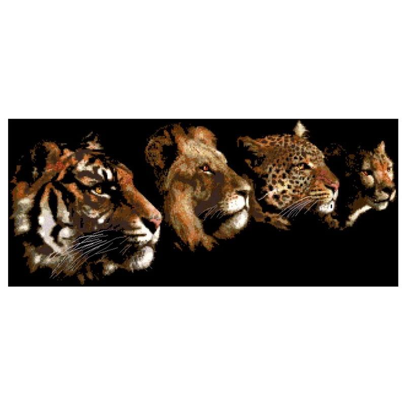 

Meaning King Style, Tiger Lion, Leopard Head, Four Animal Head, Cross Stitch Cotton Printed Fabric Kit, Chinese Embroidery DIY