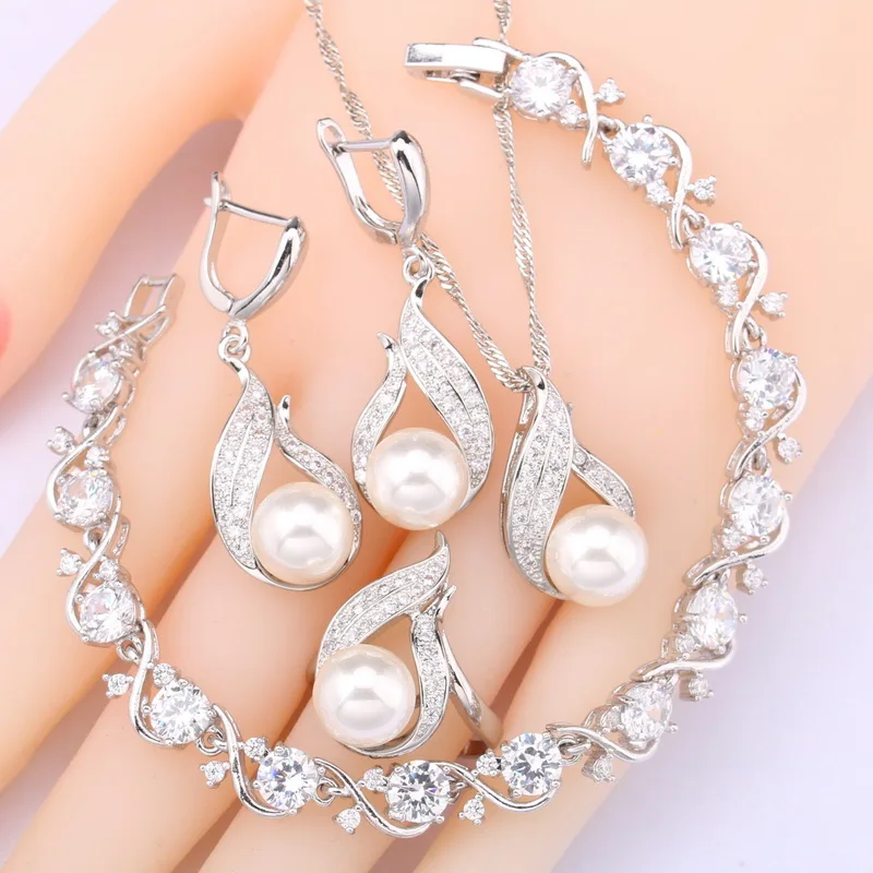 Natural White Pearl Dubai Jewelry Sets For Women Zircon Bracelet Earrings Rings Necklace Pendant Birthday Gift