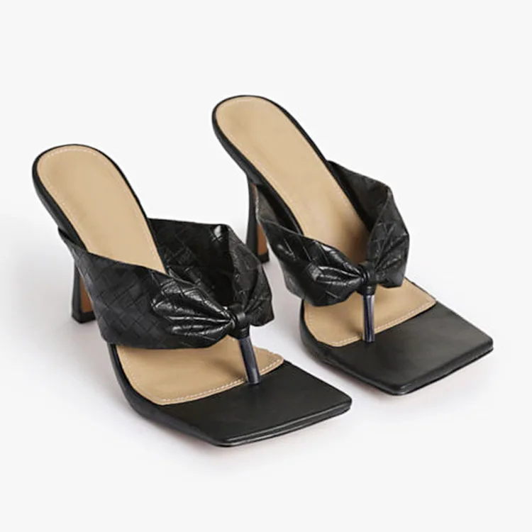 

2020 European and American Popular Shiny Material Bright Color Split Toe High-Heeled Slippers Large Size Women's Shoes