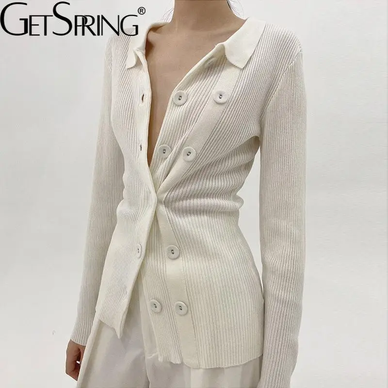 

Getspring Women Sweater Fashion Black White Cardigans Sweaters All Match Casual Double Breasted Knitting Tops Ladies Cardigans
