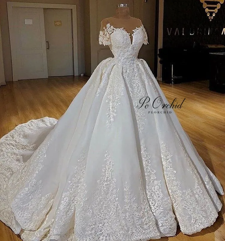 PEORCHID Luxury Princess Wedding Dress Lace Ball Gown 2020 New Short Sleeves  Arabic Vestidos Novia Vintage Bridal Dress