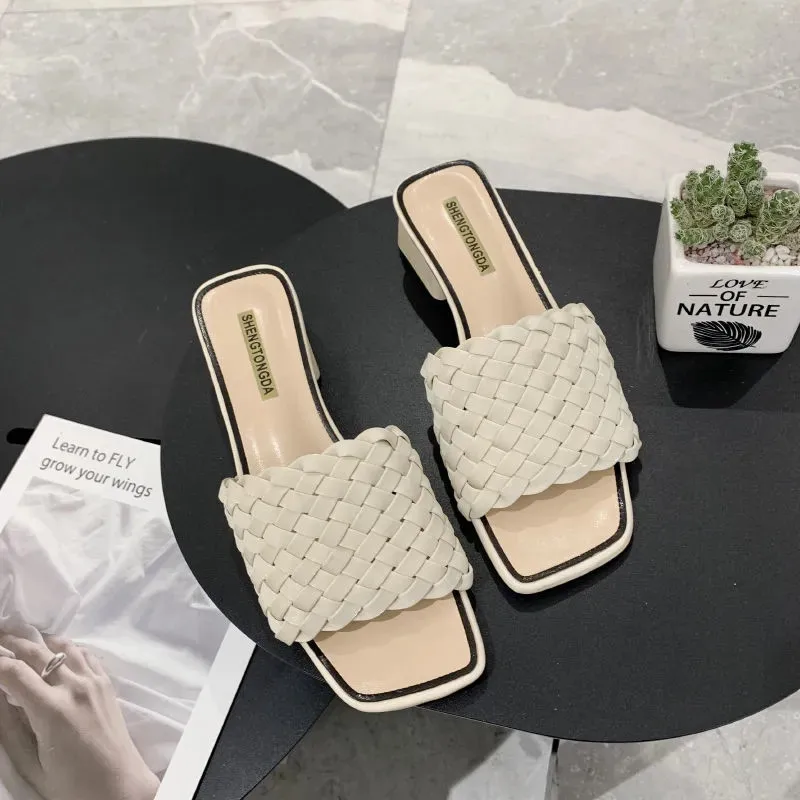 

Women Slippers Outside Wear Fashion 2021 Summer New Square Head Woven Sandals Korean Style Light Open Toes Designer Slides