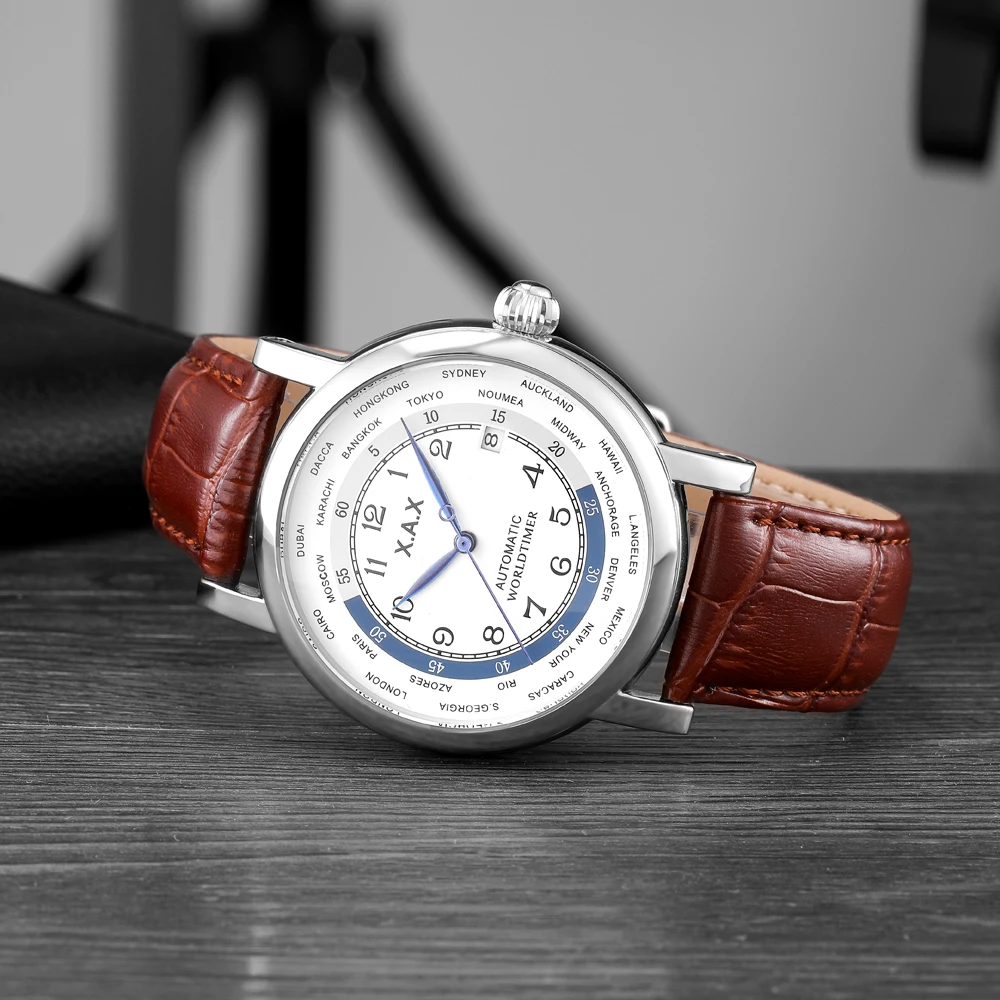 World Time Automatic Watch Male Self-wind Wirstwatch Men Luxury Mechanical Clock Waterproof Large Relogio de Luxo | Наручные часы