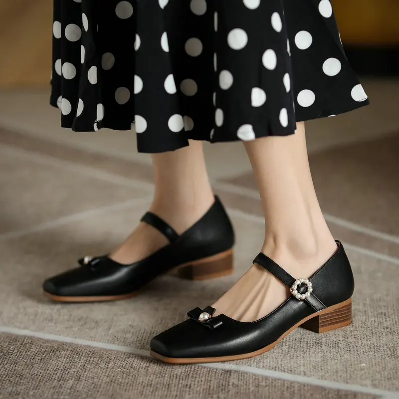 

Salu 2021 Spring Autumn Concise Retro Style Women's Genuine Cow Leather Shoes Party Square Toe Buckle Low Heels Ladies Shoes