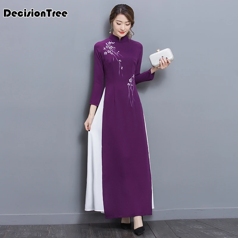 Вьетнамские халаты в народном стиле из шифона aodai изящное платье со стоячим воротником Элегантная традиционная одежда с цветочным принтом aodai