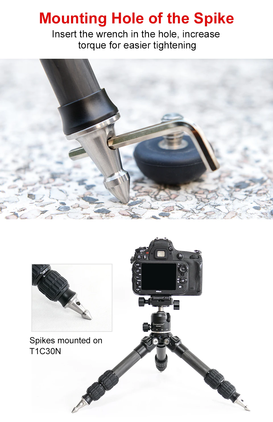 SUNWAYFOTO SKU TP-01, Универсальный штатив с шипами для камеры 3/8, штатив из нержавеющей стали, аксессуары для штатива T1C30N T2C40C