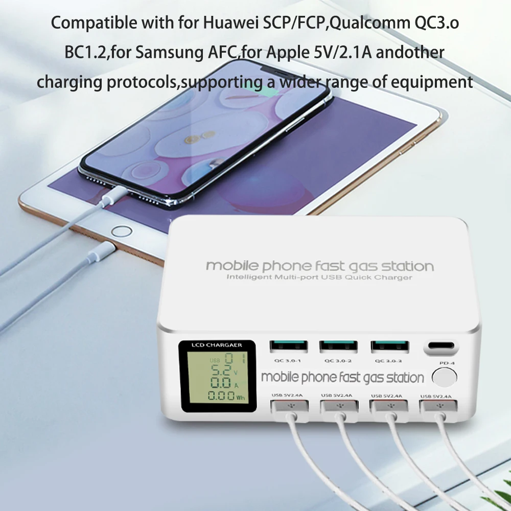 100w 8 ports lcd display usb quick charge qc3 0 charger adapter hub type c pd fast phone charger for iphone13 12 11huawei xiaomi free global shipping